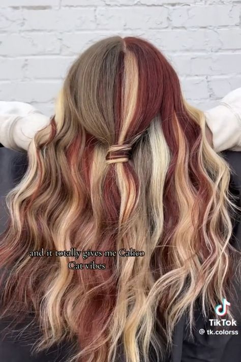 3 Colour Hair Dye, Dyed Hair With Natural Roots, Calico Hair Medium Length, Hair Ideas For Blondes Color, Fall Inspo Hair, Fall Inspired Hair Color Brunettes, Fairy Hair Color Ideas, Pulp Riot Hair Color Swatches, Pop Of Color Hair Blonde