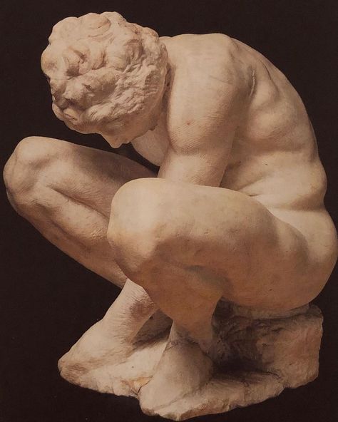 @art_love_enjoy_life on Instagram: “Please press fir a big view. Sculpture name: Crouching Boy (whole and detail) Artist: Michelangelo Created: 1530-1534 Medium: Marble…” Man Hunched Over Pose Reference, Man Crouched Down Reference, Man Crouching Pose, Guy Crouching Pose, Male Anatomy Sculpture, Crouching Pose Reference Perspective, Someone Crouching Reference, Man Hunched Over Pose, Person Hunched Over Reference