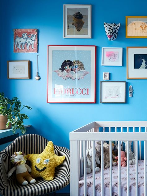 The Refinery29 cofounder switched it up last minute. Bright Blue Nursery, Bright Blue Accent Wall, Bright Blue Walls, Long Island City Apartment, Blue Room Paint, Electric Blue Paint, Baby Blue Paint, Bright Blue Paint, Paint Deck