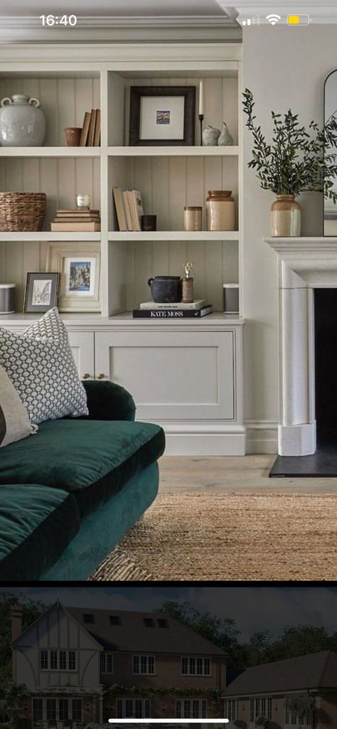 Sitting Room Cabinet Ideas, Fitted Shelving Living Room, Lounge Cupboard Ideas, Panelled Alcoves Living Room, Wide Alcove Ideas Living Room, Neutral Victorian Living Room, Cottage Media Wall, Lounge Built In Cupboards, Built In Alcove Shelves