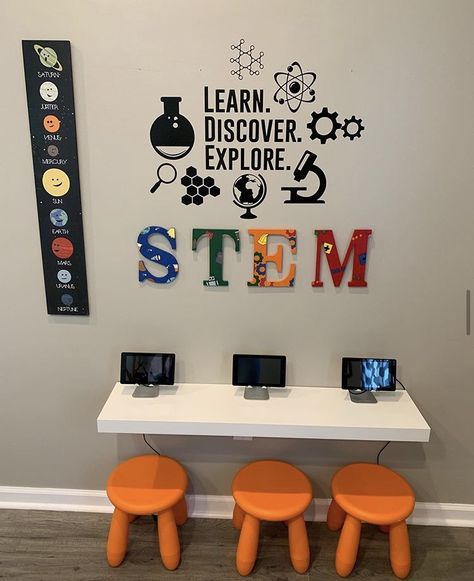 Science Lab Decoration Ideas, Technology Center Preschool, School Lobby Decorating Ideas, Physics Decoration, Daycare Decorating Ideas, Daycare Rooms Setup, In Home Daycare Ideas, Stem Classroom Decor, Daycare Setup