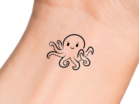 Cute Octopus Temporary Tattoo - Etsy Finland Line Art Octopus, Octopus Tattoos Cute, Cartoon Octopus Tattoo, Minimal Octopus Tattoo, Squid Tattoo Cute, Baby Octopus Tattoo, Octopus Tattoos Simple, Mini Octopus Tattoo, Simple Octopus Tattoo