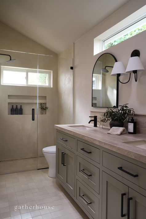 Napa Valley inspired bathroom with roman clay walls and microcement shower Plaster Shower Walls Concrete Bathroom, Microcement Shower Walls, Cement Shower Walls, Roman Clay Bathroom, Roman Clay Walls, Black Hardware Bathroom, Bathroom Concrete Countertops, Earth Tone Bathroom, Microcement Bathroom