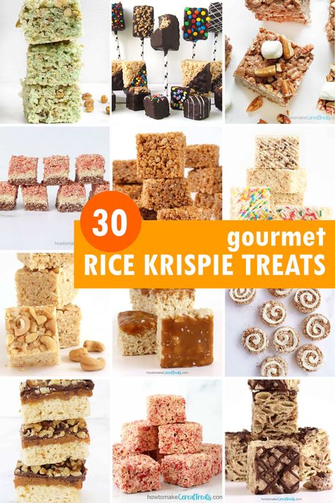 30 gourmet Rice Krispie Treats collage Rice Krispie Treats Variations, Caramel Apple Treats, Fun Rice Krispie Treats, Oreo Rice Krispie Treats, Rice Krispie Treats Recipe, Rice Krispie Bars, Homemade Rice Krispies Treats, Rice Crispy Treats Recipe, Bake Sale Treats