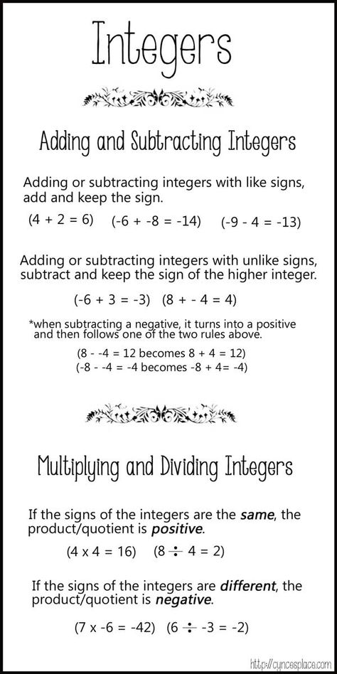 Facebook Twitter Pinterest Here is a great chart to help your students to remember how to use integers in math. This little chart is great if your student is getting stuck with integers. It breaks down how and when to add, subtract, multiply and divide integers. This would go great in a math helps notebook. Read More Math Integers, Adding And Subtracting Integers, Integers Worksheet, Subtracting Integers, Sixth Grade Math, Learning Mathematics, Math Strategies, Math Help, 7th Grade Math