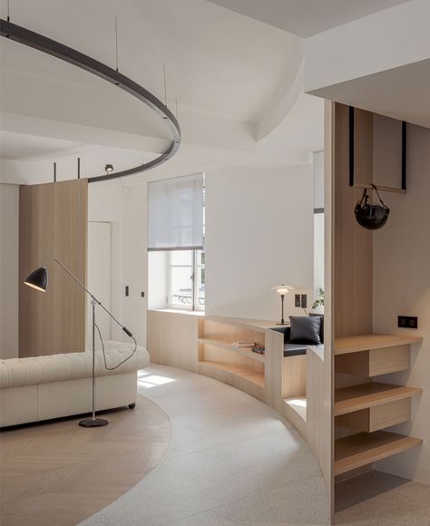 Nicolai Paris Apartment by noa* network of architecture Minimal Apartment, Curved Wall, Small Attic, Home Inside, Bright Apartment, Apartment In Paris, Curved Staircase, Built In Furniture, The Seine