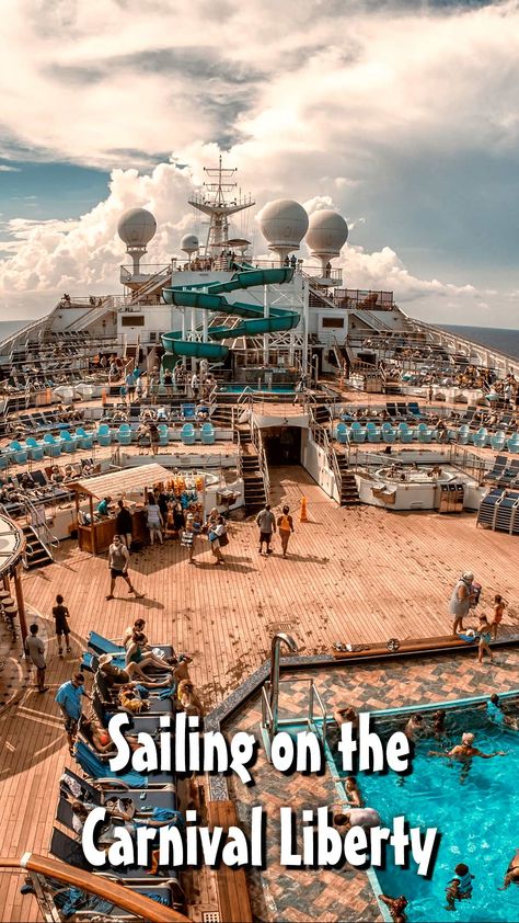 Passengers on the Carnival Liberty enjoy the sun and the pool as the ship sails through the Gulf of Mexico on our recent cruise. Read all about it at Burnsland! Carnival Liberty Cruise Bahamas, Carnival Liberty Cruise Ship, Cruise Ship Activities, Cruise Bahamas, Carnival Cruise Tips, Carnival Liberty, Cruising Tips, Ship Sails, Carnival Ships