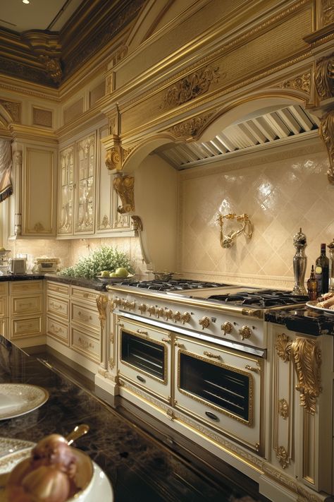 21 French-Style Kitchen Ideas for Your Home - Remodr Chateau Kitchen French, French Cafe Inspired Kitchen, Luxury French Kitchen, Royal Kitchen Aesthetic, French Chateau Style Homes Interior, Castle Kitchen Aesthetic, French Cafe Kitchen, Rococo Kitchen, Old Money Kitchen