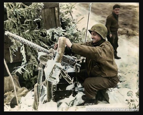 Cpl. William Tamantini, Washoe County, Nevada, Serial Nº 39909434 of the 85th Cavalry Reconnaissance Squadron Mechanized, 5th US Armored "Victory" Division . Checking his snow-covered M1919 Browning .30 caliber medium machine gun, set up to guard the road in a position near Sourbrodt, Belgium January 1st 1945. (William Tamantini, 1923 - 2003) ... See More Ww1 Photos, Central Powers, Ww2 History, German Soldiers Ww2, German Uniforms, Military Uniforms, German Army, Red Army, On The Ground