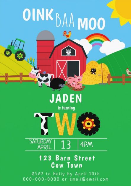 Farm animals barnyard 2nd birthday invitations. Boys' second birthday party invites featuring farm animals theme. afflink Cute Invitation, 2nd Birthday Party For Boys, Farm Themed Party, Barnyard Birthday Party, Farm Theme Birthday, Farm Animals Birthday Party, 2nd Birthday Boys, Farm Themed Birthday Party, Second Birthday Ideas