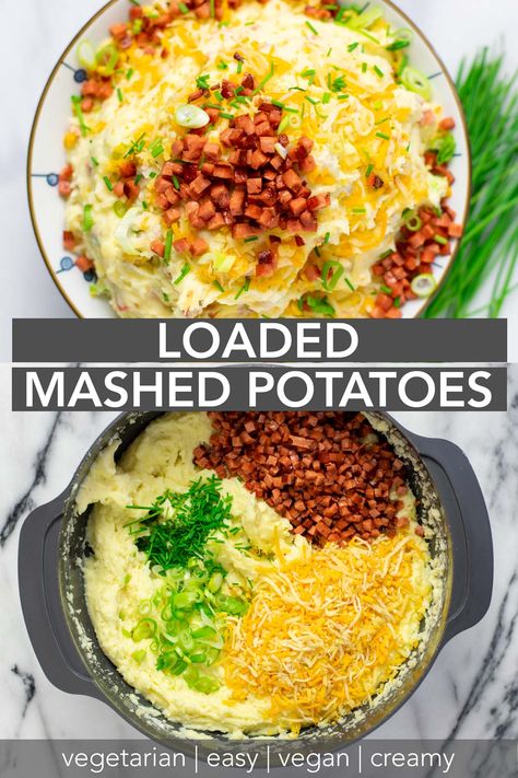 This best Loaded Mashed Potatoes recipe is vegetarian and easy to make with vegan cream cheese, bacon, and Tex Mex cheese shreds. Learn how to make them so creamy, rich, decadent, buttery and at restaurant quality. Enjoy this homemade version all year, or in the holiday season, as is or even as base for a Loaded Mashed Potato Casserole. #vegan #vegetarian #dinner #lunch #contentednesscooking #mealprep #freezermeals #loadedmashedpotatoes #mashedpotatoes Vegan Loaded Mashed Potatoes, Loaded Mashed Potatoes Recipe, Vegan Casseroles, Casserole Vegan, Loaded Mashed Potato Casserole, Mashed Potato Casserole, Loaded Mashed Potatoes, Mashed Potatoes Recipe, At Restaurant