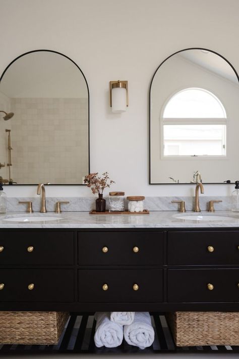 Bathroom Vanity With Accent Wall, Off Center Sink Bathroom Vanity Vintage, Black And White Spa Like Bathroom, Bathroom Vanity Black Handles, Huge Bathroom Vanity Shelves, Sw Iron Ore Bathroom Vanity, Black Hardware Vanity Bathroom, Oak Bathroom Vanity With Brished Nickel Faucet, Long Framed Bathroom Mirror For Double Sink Vanity