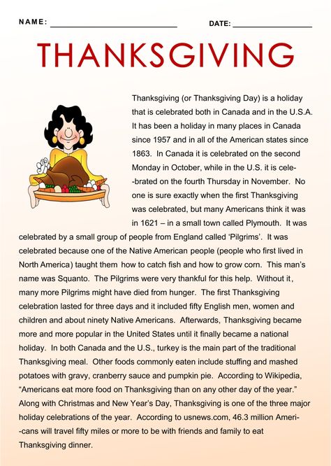 10 Best Thanksgiving Story Printable - printablee.com Stories For Kindergarten, Thanksgiving Reading Comprehension, Thankful Crafts, Esl Materials, Thanksgiving Story, Thanksgiving Readings, Thanksgiving Jokes, Thanksgiving Stories, Thanksgiving Worksheets