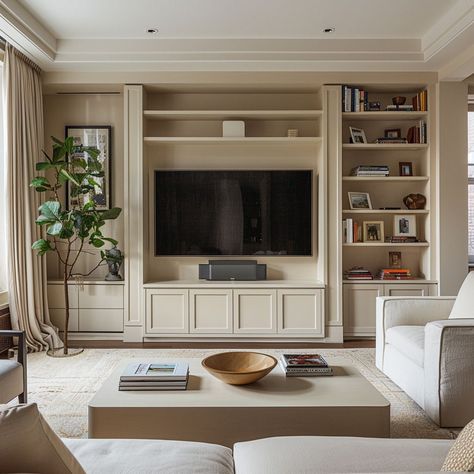 Tv Wall Unit Designs, Built In Tv Unit, Apartment Barcelona, How To Start Painting, Built In Wall Units, Library Cabinet, Wall Unit Designs, Contemporary Home Design, Feature Wall Living Room