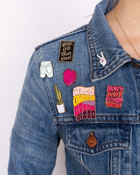 And Here We Are (@and_hereweare) • Instagram • enamel pin collection • wearable art • hand illustrated Letterpress Studio, Pins On Denim Jacket, Jacket Diy, Hand Pin, Enamel Pin Display, Peace Hand, Gamine Style, Enamel Pin Collection, Jacket Pins