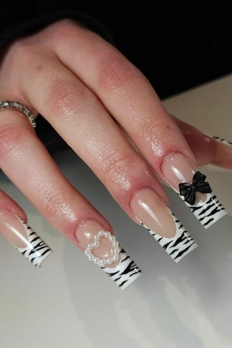 30+ Bow Accents Nail Ideas: Enhance Your Femininity! - INSPIRATIONAL DESIGN Square Acrylics, Zebra Nail Designs, Zebra Print Nails, Art Exploration, Black French Tips, Zebra Nails, Tapered Square, French Nail Designs, Tip Nails