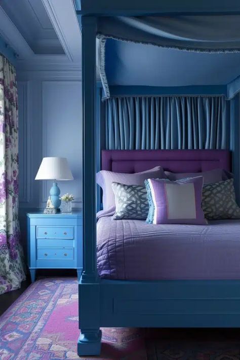 Blue And Purple Bedroom Ideas, Colored Ceiling Bedroom, Blue Purple Bedroom, Purple And Blue Room, Blue And Purple Bedroom, Indigo Bedroom, Purple Bedroom Ideas, Purple Bedspread, Purple Bedroom Decor