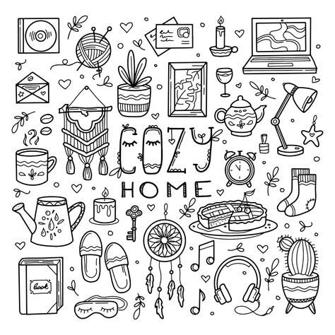 Sweet cozy home icon set, hand drawing doodle Interior Doodle Art, A Doodle A Day, College Doodles, Therapy Doodles, Manifestation Images, Doodle Journaling, Cozy Home Aesthetic, Doodle Notebook, Embroidery Journal