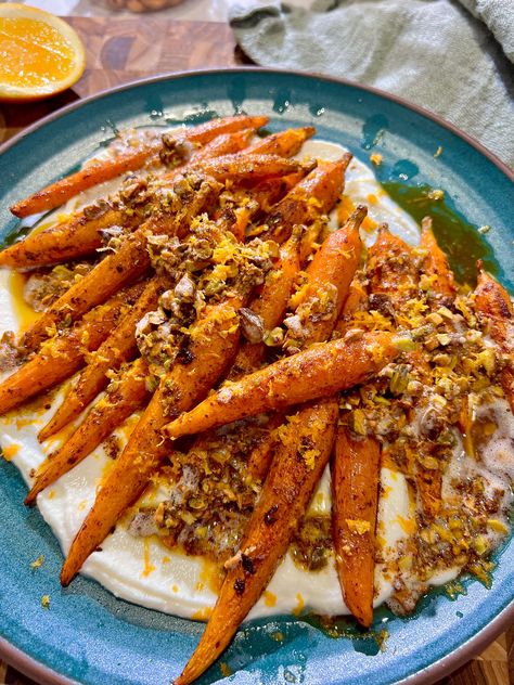 Roasted Carrots with Brown Butter Pistachios over Whipped Ricotta Recipe Whipped Ricotta Recipe, Red Wine Braised Short Ribs, Wine Braised Short Ribs, Braised Short Ribs Recipe, Ricotta Recipe, Butter Carrots, Whipped Ricotta, Honey Roasted Carrots, Sheet Pan Dinners Chicken