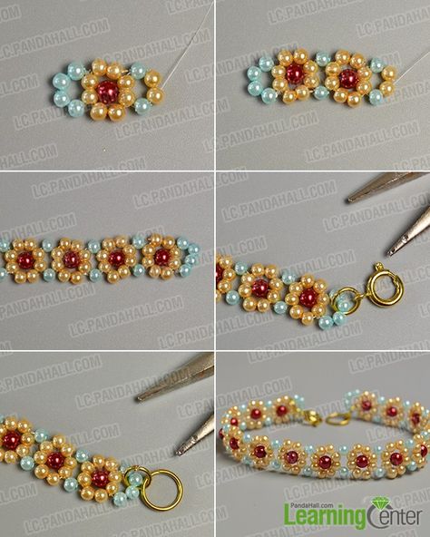 make the second part of the yellow pearl bead flower bracelet Bracelets For Friends, Bead Flower, Red Pearl, Beaded Bracelets Tutorial, Beaded Bracelet Patterns, Beaded Jewelry Patterns, Beaded Bracelets Diy, Seed Bead Bracelets, Bracelet Tutorial