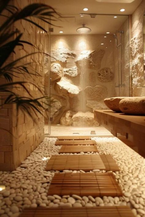 Stone Aesthetic Room, Modern Shower Room Ideas, Spa Feature Wall Ideas, Nature Bathroom Aesthetic, Stone Walk In Shower Ideas, Big Shower Ideas, Waterfall Shower Bathroom, Cement Bathroom Ideas, Spa Modern Design