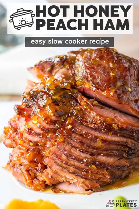 Sweet And Spicy Ham, Slow Cooker Honey Glazed Ham, Hot Honey Ham Glaze, Sweet And Spicy Ham Glaze, Spicy Ham Recipes, Slow Cooker Bone In Ham, Spiral Ham In Crockpot Slow Cooker, Bone In Ham Crockpot, Precooked Ham In Crockpot