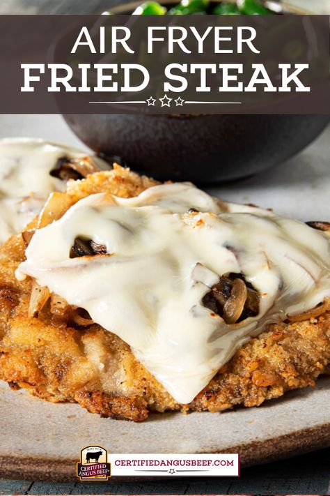 This recipe takes classic Country Fried Steak and turns cook time upside down with an air fryer. This crispy, cracker-crusted beef cutlet is served with mushrooms and Swiss cheese. #bestangusbeef #certifiedangusbeef #beefrecipe #airfryer #friedsteak #steak #countryfriedsteak Air Fryer Country Fried Steak, Beef Cutlets, Beef Appetizers, Grilled Beef Recipes, Burger Recipes Beef, Country Fried Steak, Country Fried, Cutlets Recipes, Grilled Steak Recipes