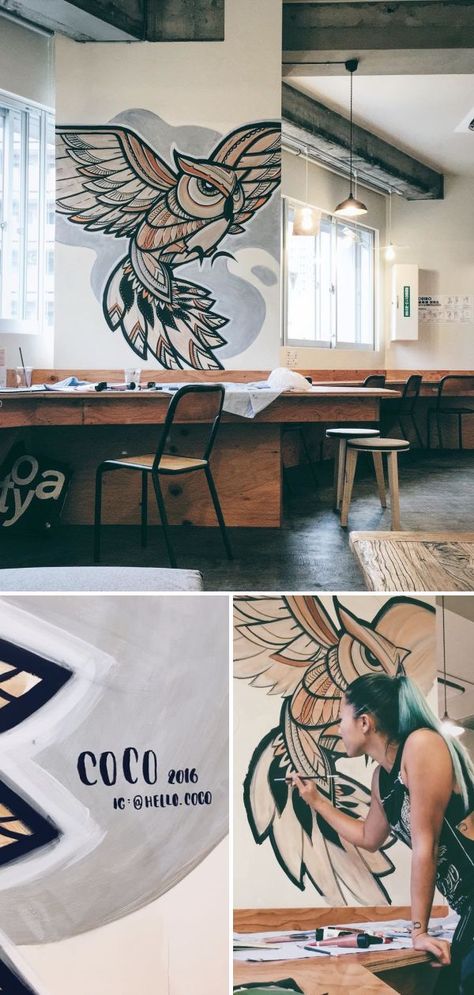 Owl Mural by Coco at Wise Owl Hostels Tokyo Owl Mural, Bird Mural, Indoor Mural, Custom Wall Decor, Mural Ideas, Minimal Wall Art, Owl Bird, Wise Owl, Furniture Art