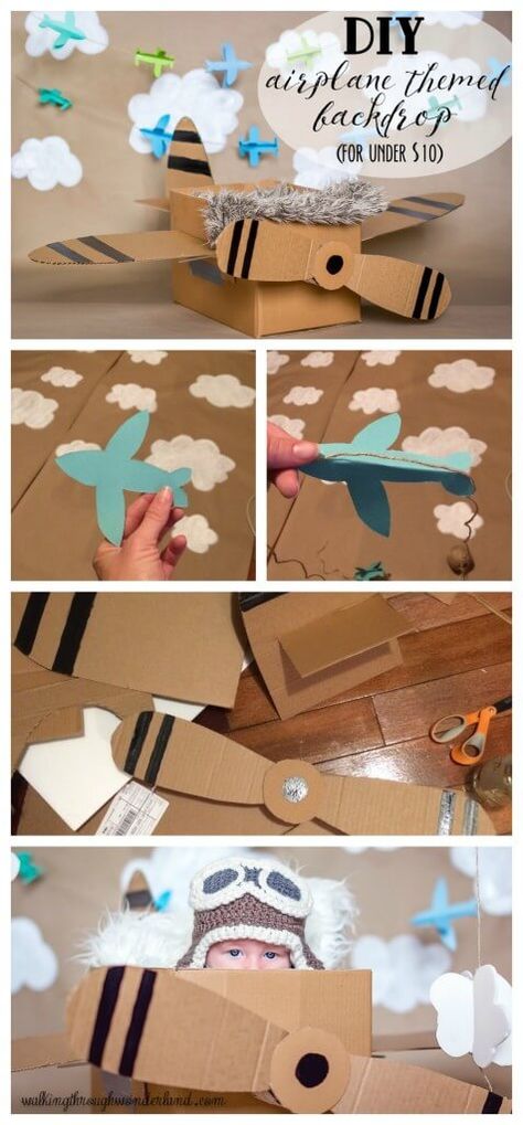 DIY Cardboard Box Plane and Photo Set - Walking Through Wonderland Diy Airplane Cardboard, Cardboard Box Plane, Cardboard Airplane, Aesthetic Diys, Diy Airplane, Plane Aesthetic, Baby Milestones Pictures, Cardboard Diy, Airplane Decor