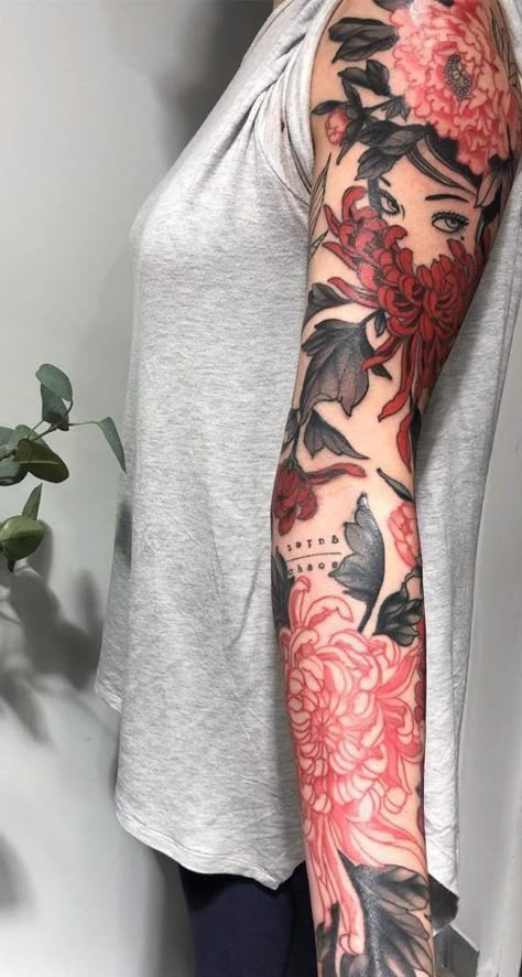 Japanese Tattoo Women, Geniale Tattoos, Asian Tattoos, Japanese Sleeve Tattoos, Red Tattoos, Full Sleeve Tattoos, Arm Sleeve Tattoos, Arm Tattoos For Women, Tattoo Feminina