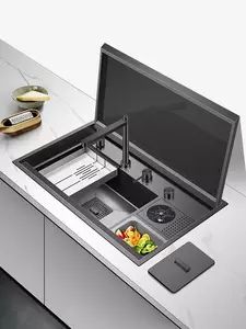 Sink With Cover, Hidden Kitchen Sink, Luxury Black Kitchen, Scotland House, Kitchen Island With Sink, Glass Rinser, Sink In Island, Black Kitchen Sink, Kitchen Stainless Steel