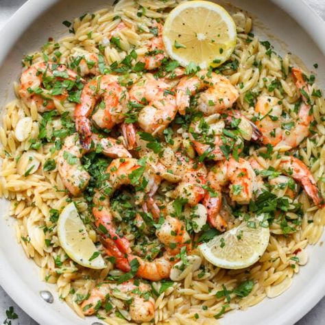 Shrimp Scampi Orzo - Dishing Out Health Shrimp Orzo Recipes, Orzo And Shrimp, Shrimp Orzo Pasta, Shrimp And Orzo, Butter Cauliflower, Shrimp Orzo, Dishing Out Health, Orzo Dishes, Cauliflower Recipes Healthy