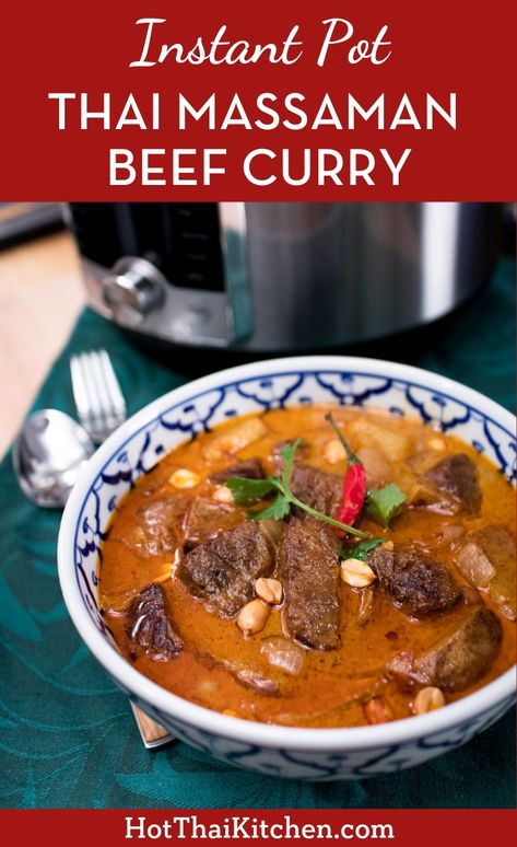 Make an authentic Thai massaman curry in a fraction of the time using the Instant Pot or another pressure cooker. Delicious, uncompromising Thai flavours on a weeknight!  #thaicurry #massaman #instantpotcurry #instantpotrecipe #beefcurry Hot Thai Kitchen, Instant Pot Thai, Thai Massaman Curry, Beef Massaman, Beef Massaman Curry, Thai Recipes Authentic, Beef Curry Recipe, Tamarind Juice, Thai Kitchen