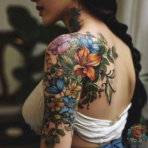 Blooming in July: The Beauty of Birth Flower Tattoos: 95 Designs - inktat2.com Colorful Flower Shoulder Tattoo, Floral Sleeve With Butterflies, Upper Back Shoulder Tattoo, Colored Flower Tattoos Sleeve, Birth Flower Tattoos Kids Names, Tattoos Kids Names, Large Hip Tattoos Women, Arm And Shoulder Tattoo, Shoulder Tattoo Flower