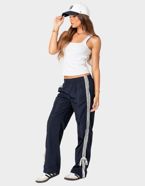 EDIKTED Remy Ribbon Womens Track Pants - NAVY | Tillys Navy Blue Track Pants Outfit, Blue Track Pants Outfit, Tillys Outfits, Hoco Fits, Womens Track Pants, Side Stripe Pants, Track Pants Outfit, Track Pants Women, Free People Activewear