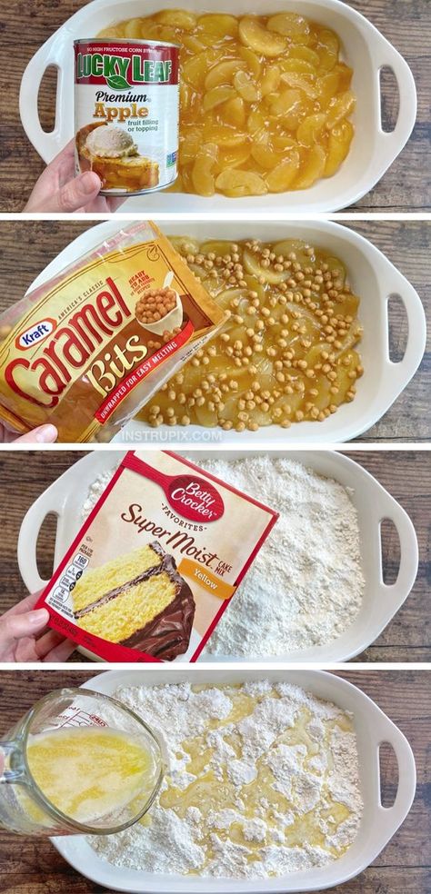 Carmel Apple Dessert Ideas, Carmel Apple Cobbler Dump Cake, Carnal Apple Dump Cake, 3 Ingredient Apple Cobbler, Carmel Dump Cake Recipes, Carmel Apple Dump Cake Recipes, Easy Dessert Recipes For Parties, Carmel Apple Dump Cake With Caramel Bits, Apple Carmel Dump Cake