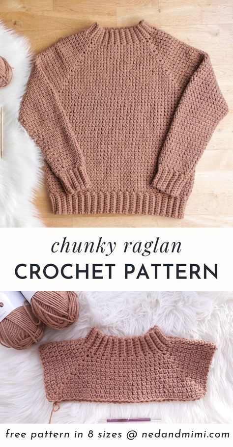 This chunky crochet raglan sweater is a cozy winter wardrobe staple! It is worked from the top down using #5/bulky yarn so it works up really quickly, and you can try it on as you go. The pattern is written for 8 sizes (XS - 4X). And the entire sweater is crocheted using a single stitch, so it's a great pattern to try if this is your first crochet sweater or pullover. Crochet Wool Sweater Pattern Free, Crochet Sweater With Chunky Yarn, Crochet Raglan Pattern, Crochet Patterns Super Bulky Yarn, Reglan Crochet Sweater, Single Crochet Sweater Pattern Free, Bottom Up Crochet Sweater, Quick Chunky Crochet Projects, Crochet Sweater Simple