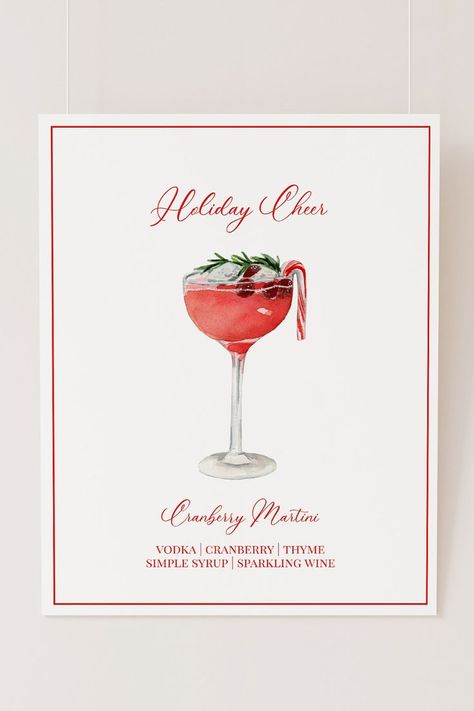 Christmas Signature Cocktail, Martini Watercolor, Primark Christmas, Christmas Menu Design, Cranberry Martini, Thyme Simple Syrup, Holiday Martinis, Holiday Party Bar, Signature Cocktail Menu