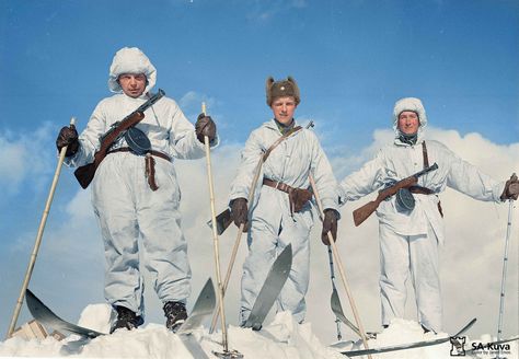 Finnish ski troops crest a hazardous Nordic mountain during the Continuation War. January 30, 1942. | by Jared Enos Soldier, History, White