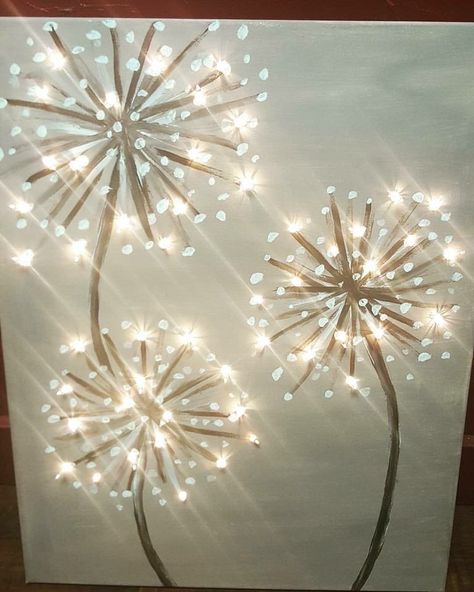 Art Using Light, Paintings With Lights In Them, Led Light Painting Canvases, Fairy Lights Painting, Canvas Light Art, Lighted Canvas Pictures, Resin Art Canvas, Light Up Canvas, Embroidered Canvas Art