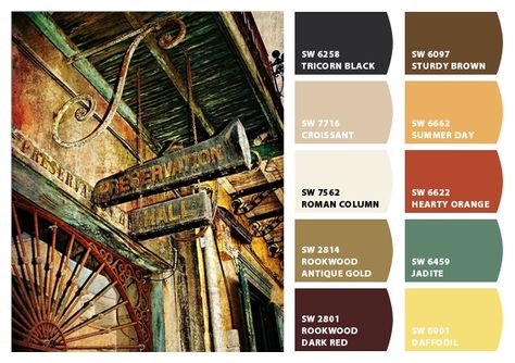 New Orleans Preservation Hall Color Palette Inspiration Chip It! by Sherwin-Williams – ChipCard by Christy C. Color Palette By Room, Industrial Exterior Design, California Bedroom Style, Hall Color, Luxury Exterior Design, New Orleans Decor, Home Color Palette, New Orleans Architecture, Hall Colour