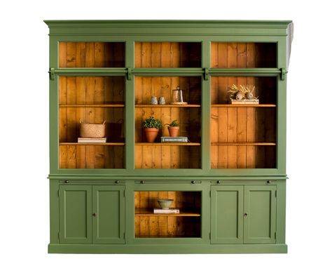 Green Bookcase, Mid Century Modern Kitchen Cabinets, At Home Library, Stocking Shelves, Grand Library, Hamptons Style Home, Deep Storage, Library Bookcase, Base Moulding