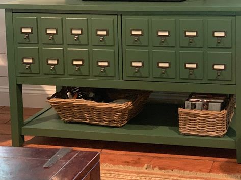 Golden Boys and Me: Library Card Catalog TV Stand Card Catalog Makeover, Painted Card Catalog Cabinet, Apothecary Tv Stand, Library Catalog Cabinet, Vintage Card Catalog, Baseball Card Storage Ideas, Antique Tv Stand Ideas, Card Catalog Repurposed, Baseball Card Storage