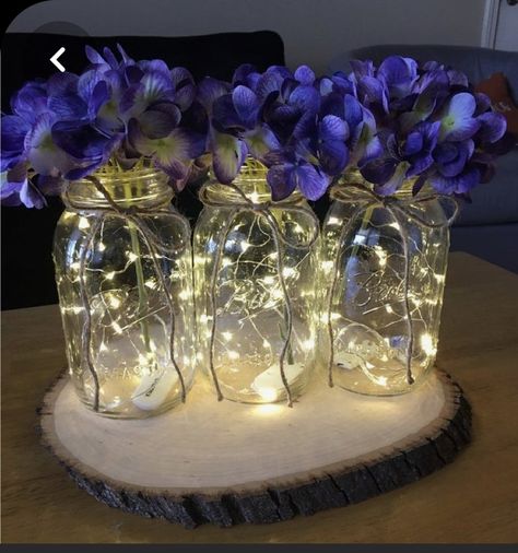 Fairy Light Mason Jars, Shower Farmhouse, Wedding Table Deco, Blue Graduation Party, Wedding Centerpieces Mason Jars, Dinner Centerpieces, Gold Mason Jars, Purple Hydrangeas, Mason Jar Centerpiece