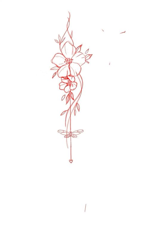 Back Tattoos Flower Spine, Red Ink Tattoos Spine, Hibiscus Flower Spine Tattoo, Spine Tats Red Ink, Spine Tattoo Drawings, Straight Tattoo Design, Arrow And Flower Tattoo, Hibiscus Spine Tattoo, Red Line Tattoos