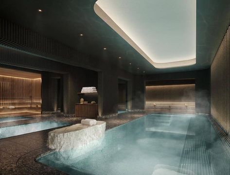 Render by @dboxglobal Pool design, inside pool, poolshot,  residence pool, apartment pool, tower pool, sauna, design. Development Architecture, House Spa, Inside Pool, Japanese Onsen, Apartment Pool, Presentation Board Design, Salt Room, Indoor Swimming Pool, Pool Water Features