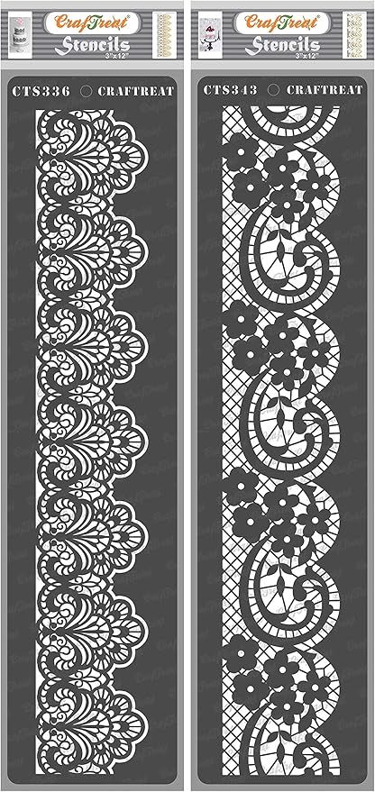 CrafTreat Reusable Lace Border Stencils for Painting on Wood, Canvas, Paper, Fabric, Floor, Wall and Tile - Lace Border1 and Lace Border2-2 Pcs - 3x12 Inch Each - DIY Art and Craft Stencils Borders : Amazon.co.uk: Home & Kitchen Iod Stamps, Lace Stencil, Ornate Border, Laser Cut Stencils, Craft Stencils, Lace Painting, Stencils For Painting, Border Lace, Wallpaper Borders