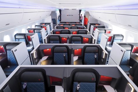 Where to Sit on Delta's Airbus A350: Delta One Business Class Delta One, Business Class Seats, Delta Flight, Airbus A350, Visa Debit Card, Hotel Chain, Delta Airlines, Booking Flights, Cabin Design