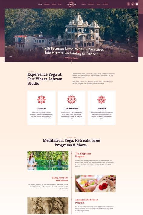 Vihara is a WordPress theme designed for Ashrams, Oriental Buddhist Temples, and spiritual retreat centers. It offers a range of features and design elements to create a serene and engaging website for promoting your spiritual teachings and activities. Spiritual Center Design, Temple Website Design, Spiritual Website Design, Web Design Inspiration Layout, Spiritual Website, Johnny Lee, Buddhist Temples, Spiritual Retreat, Web Ui Design