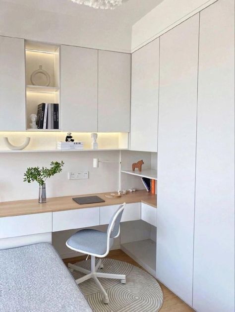 Bedroom Office Wardrobe Combo, Hanging Cabinets For Small Bedroom, Office And Bedroom Combo Small Spaces, Room Decor Study Table, Tv Wall Unit Ideas, Bedroom And Office Combo Ideas, Wall Unit Ideas, Room Decor Study, Study Table Design